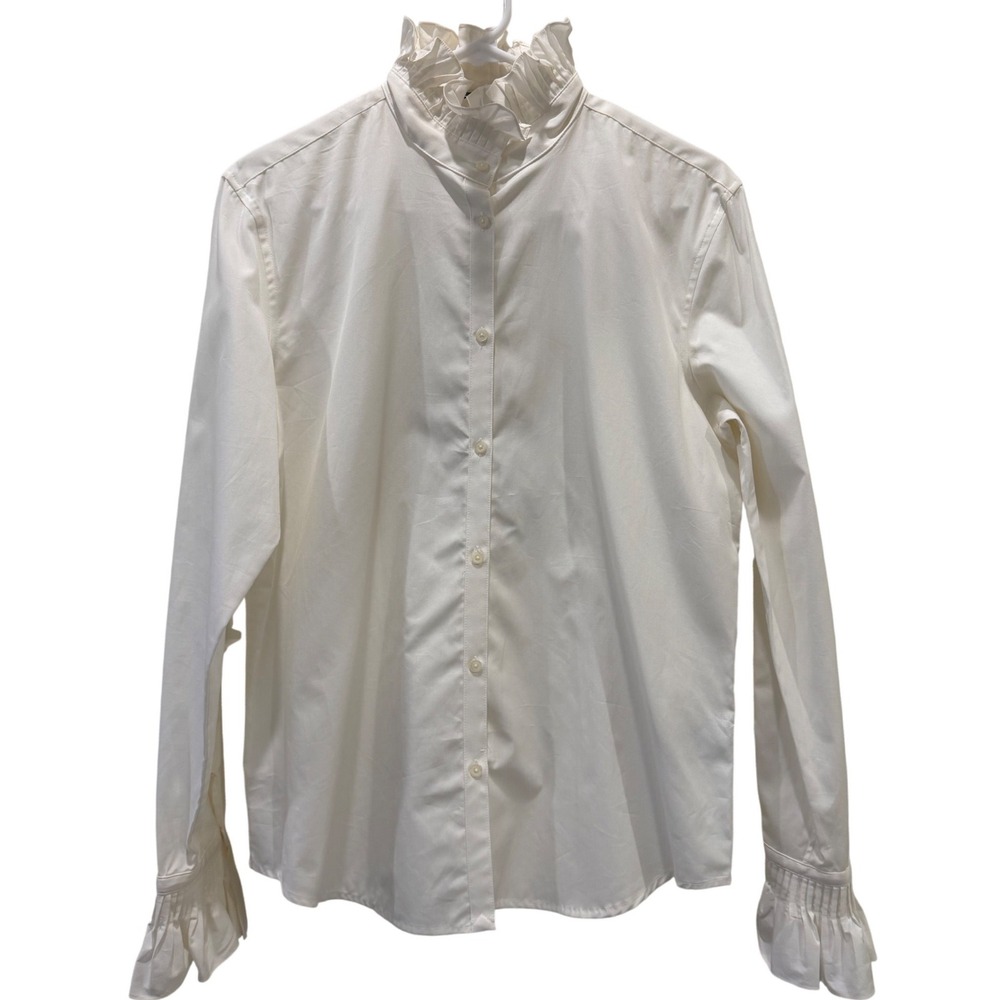 Lauren Ralph Lauren Victorian Shirt Women L White Ruffle High Neck Cotton Blouse